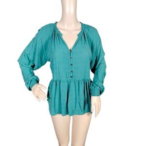 Knox Rose Womens Peplum Ruffle Blouse Top Frill V-Neck Button Front Green Size S